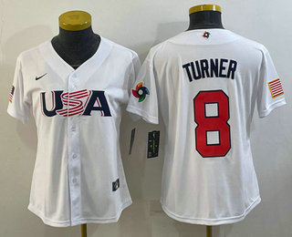 Women's USA Baseball #8 Trea Turner 2023 White World Classic Stitched Jerseys,We sell and wholesale Women's USA Baseball #8 Trea Turner 2023 White World Classic Stitched Jerseys on line form chian!